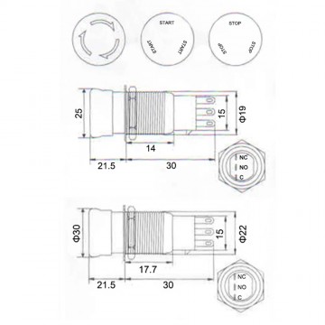 Noodstop schakelaar - 12V - 19mm - 1NO1NC - Rood
