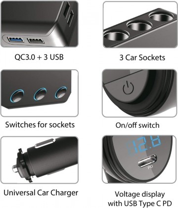Auto laadstation - 10.2A - 4x USB + USB-C - Met houder