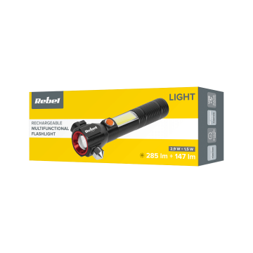 Oplaadbare LED zaklamp - 285 Lumen - Veiligheidshamer + mes 