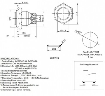 Drukschakelaar 16mm   off on  ip65   vandalismebestendig