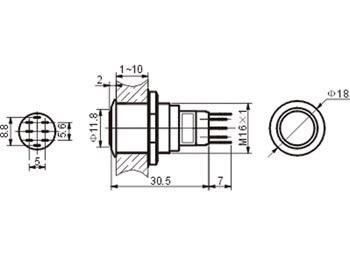 Drukschakelaar 16mm rond - 1NO, 1NC - 12V - Zilver