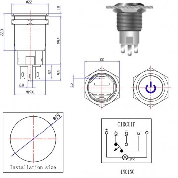 Drukschakelaar groene verlichting - 19mm - 1NO1NC - Power symbool