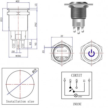 Drukschakelaar rode verlichting - 19mm - 1NO1NC - Power symbool