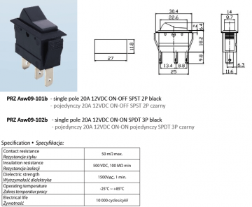 SCHAKELAAR - ‘ON/OFF’ - 12V 20A - ZWART - 2 polig AWS09
