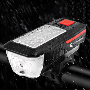 LED fietslamp - Met fietsbel - Solar + USB - 300 Lumen - Rood